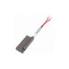 Here's an 8-word alt tag for the image: Gray rectangular electronic component with red wires.