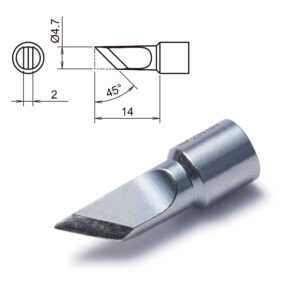 Here's an alt tag for the image: Soldering iron tip, chisel shape, 45-degree angle.